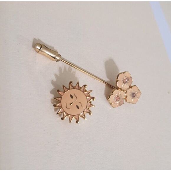 Vintage New Lawrence Bentley Double Tac Pin Brooch Hat Pin Set Gold Sun Enamel - Picture 3 of 13